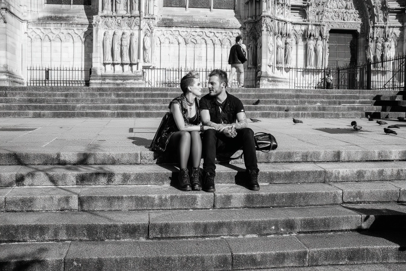 Black and white street photography of a punk couple siiting on the steps of a cathedral in france