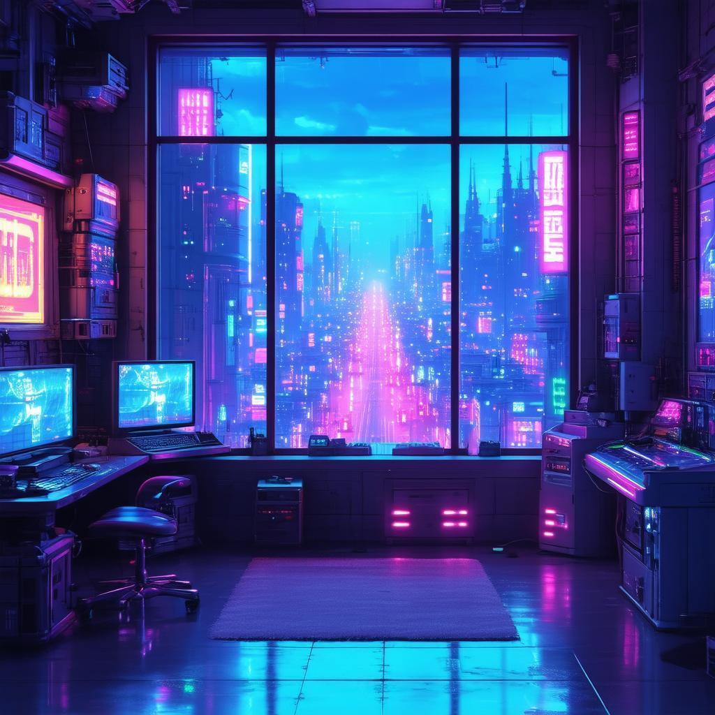 Vaporwave Game Room Overlooking a Crowded Future