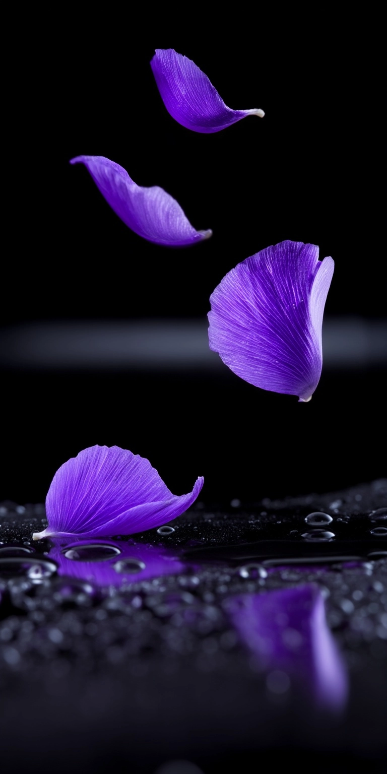 Four vibrant purple petals gracefully float, one resting on a dark
