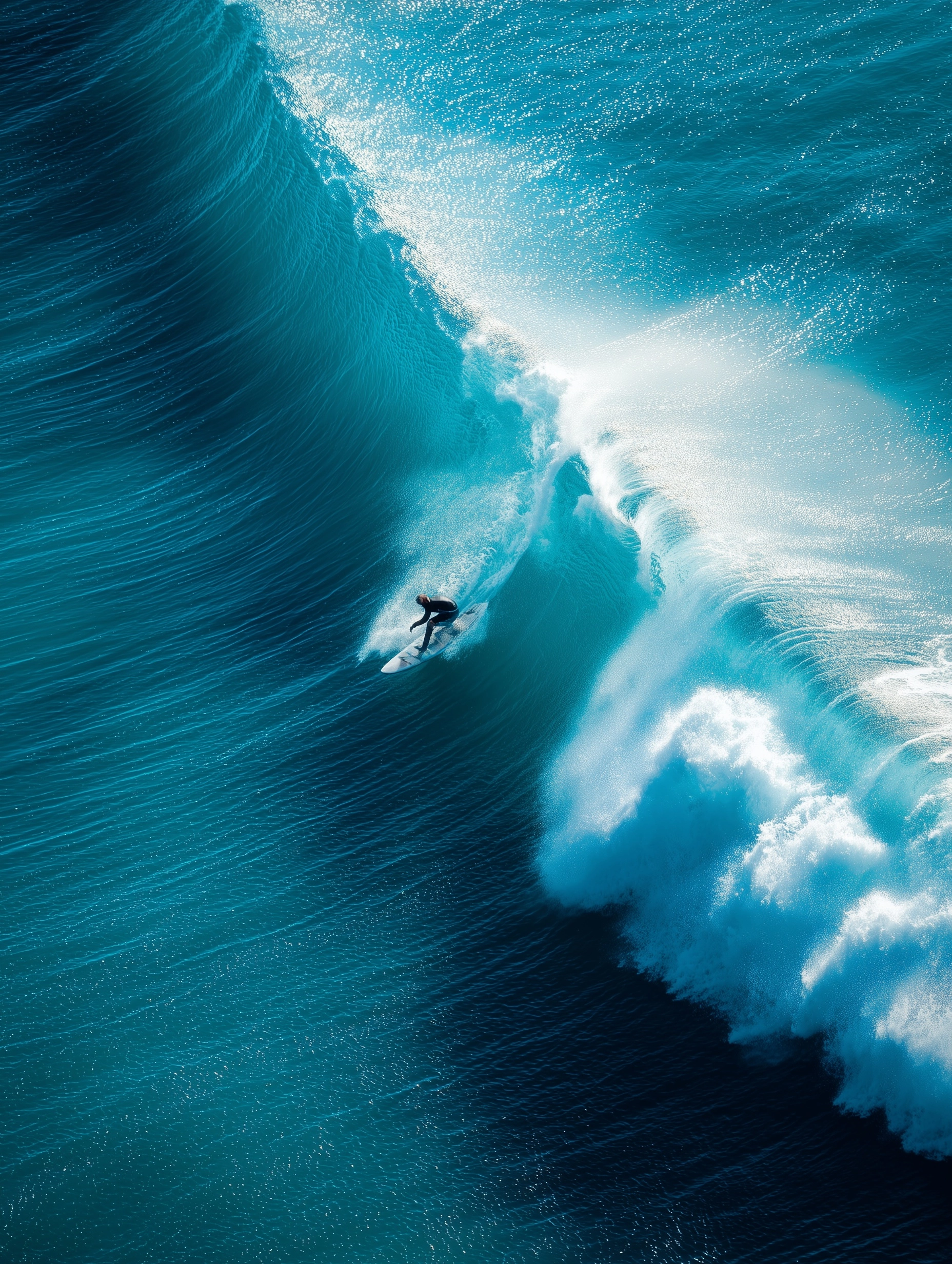 Austrailian surfer in the middle of crystal clear, blue hue waves, thrashing beatufiully
