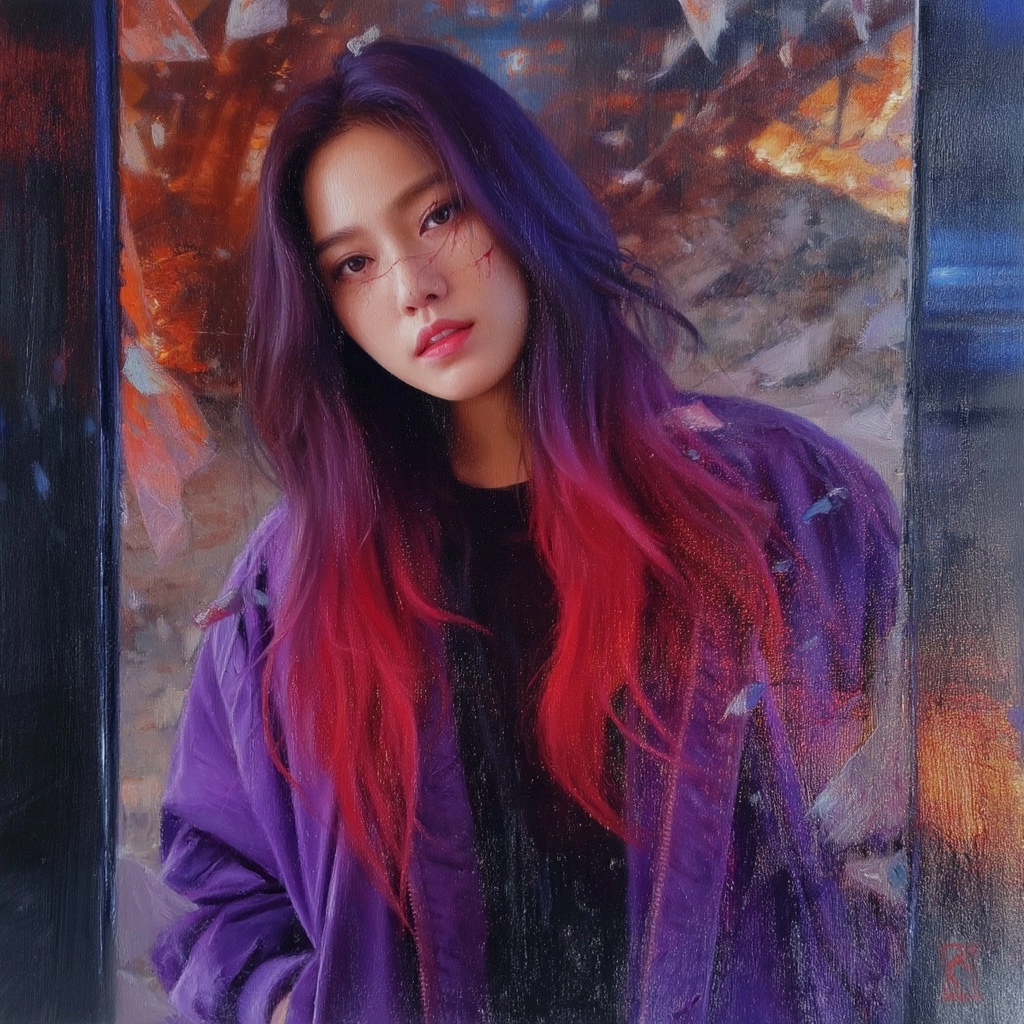 An oil painting of a 24 year old south Korean female, attractive, k-pop idol resemblance
