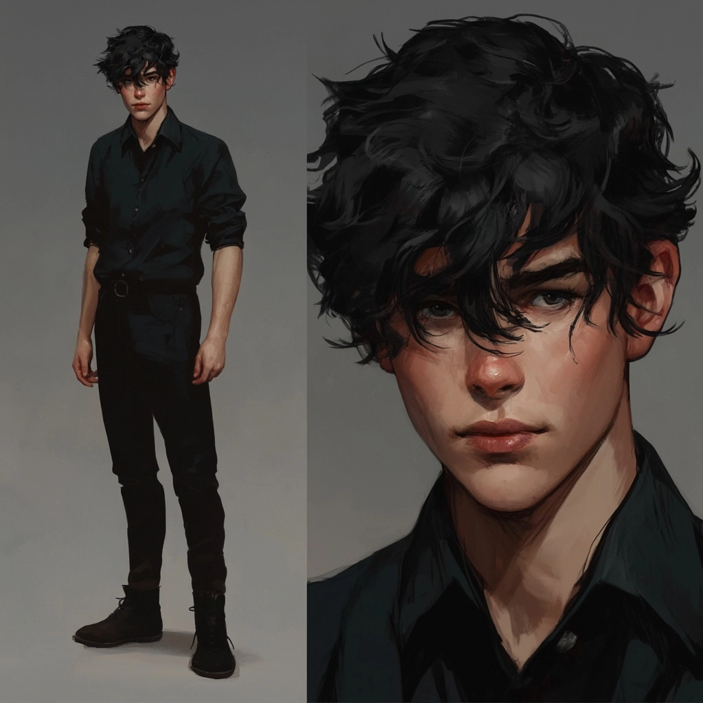 Character reference sheet of a young handsome thin man with short-length tousled black hair styled i