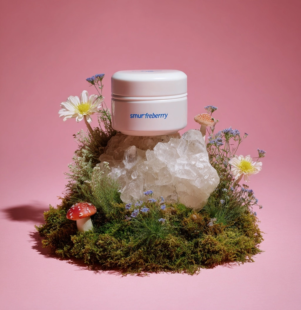A solid white, rounded rectangular plastic jar with the words "smur frostberry" written on it in blu