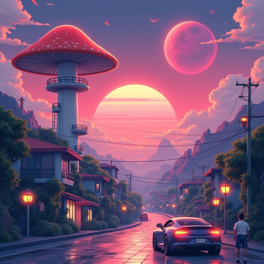 Anime Cityscape With Mushroom Tower and Planet