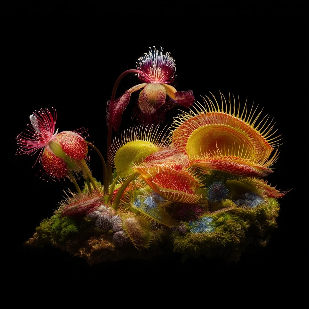 Cinematic hyper-realistic photography, still life, carnivorous plant with amazing tropical flowers