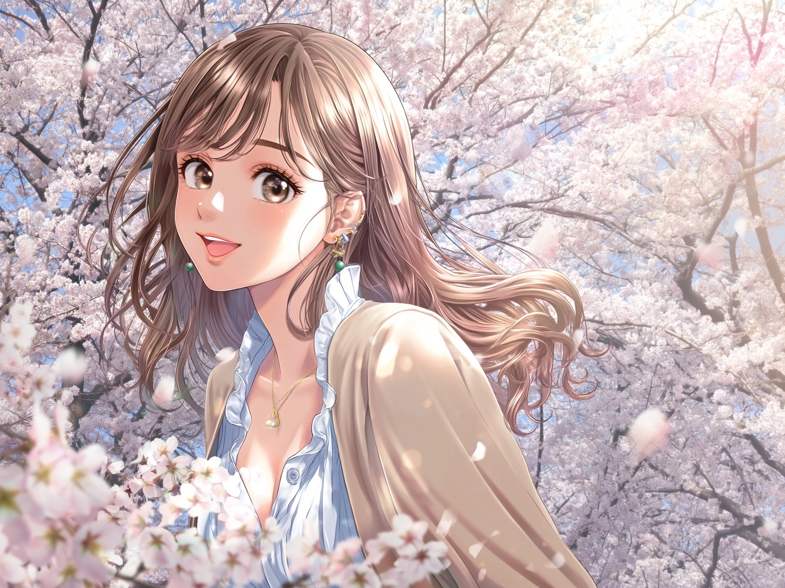 Woman Smiling in a Park Full of Cherry Blossom