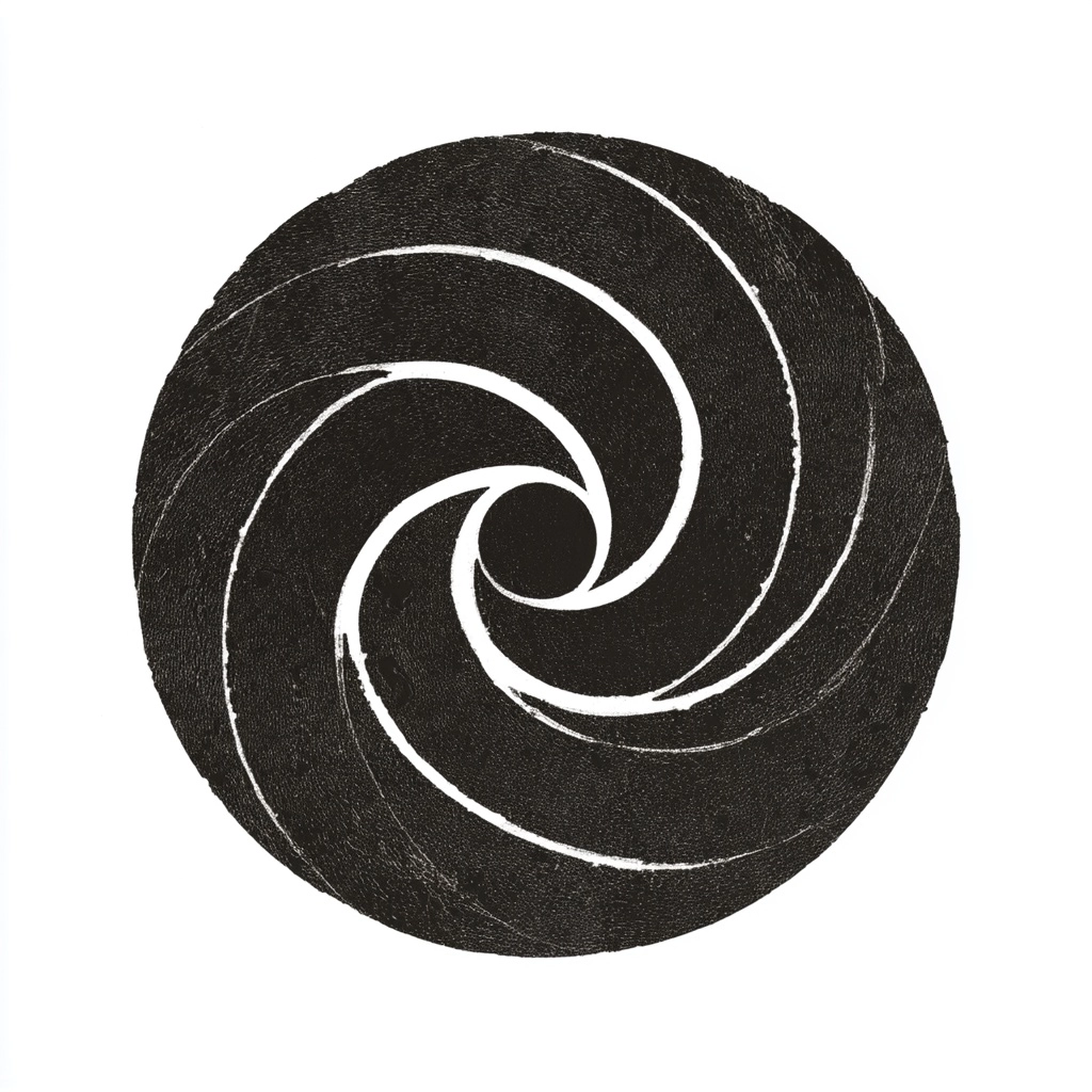 Calm 2D whirlpool symbol, hand-painted, black on white background, medieval influence