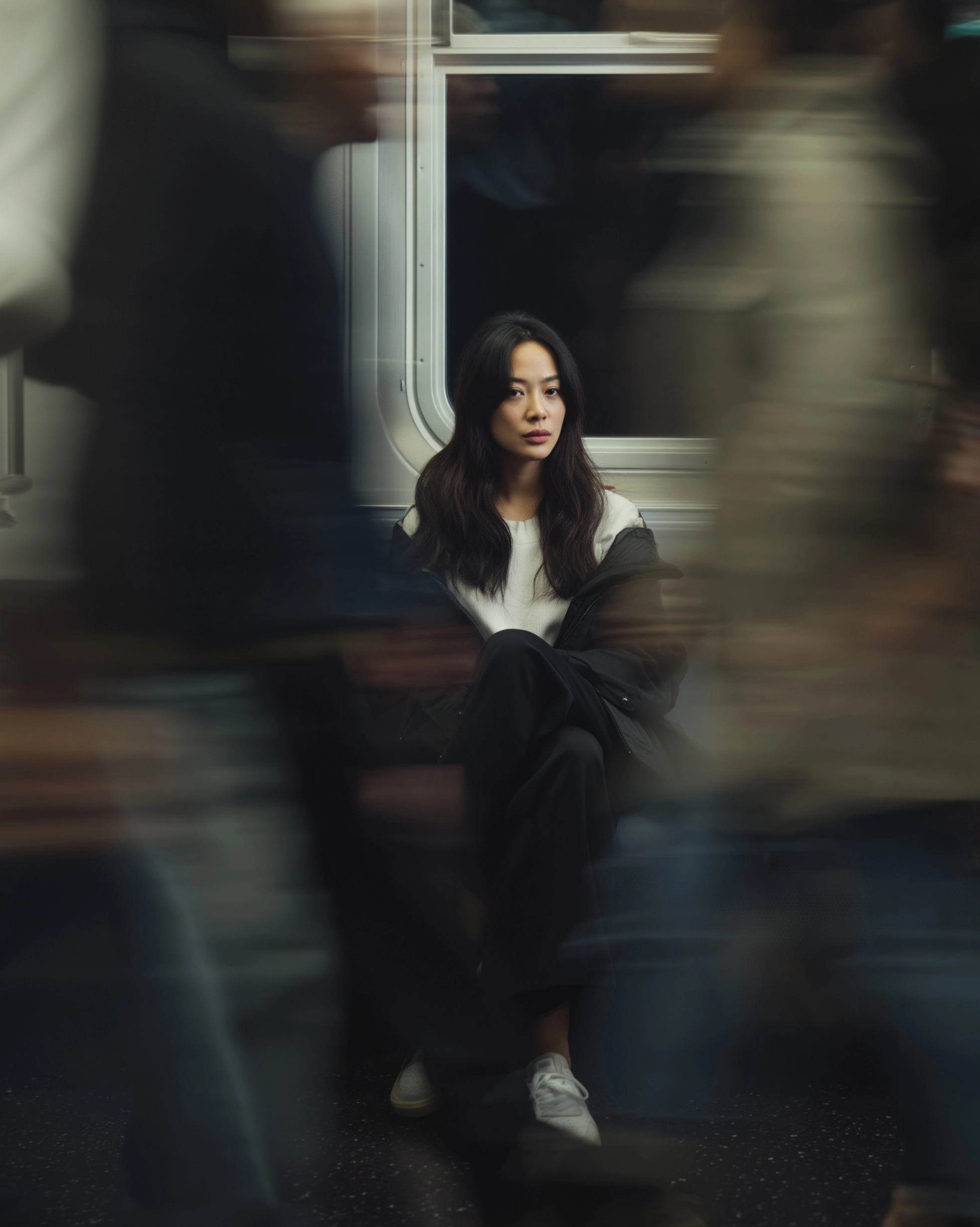 Generate a portrait photograph of this woman sitting calmly in a subway train. Despite the blurred m