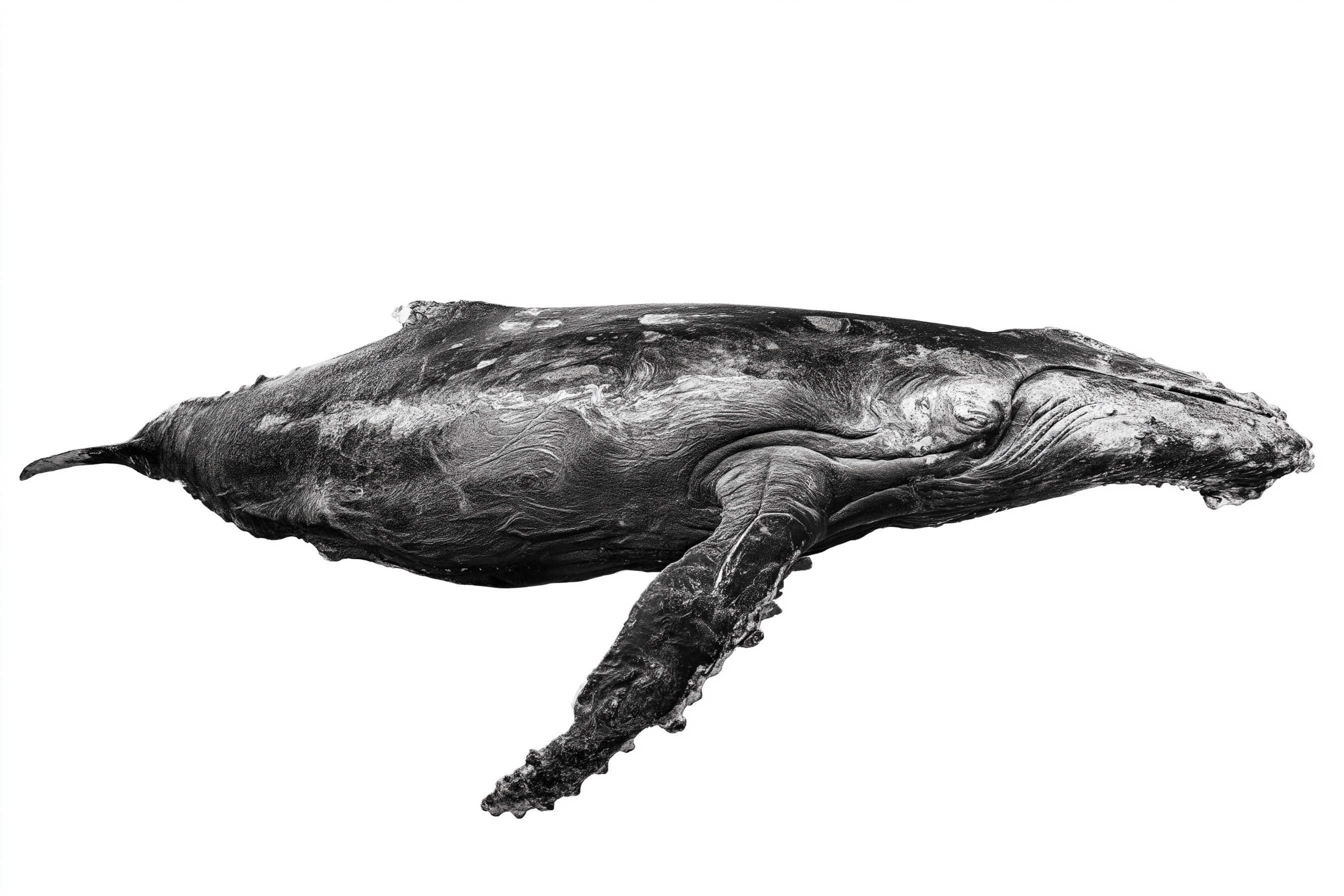 Black-and-white photograph of a very old whale, side view, from head to tale