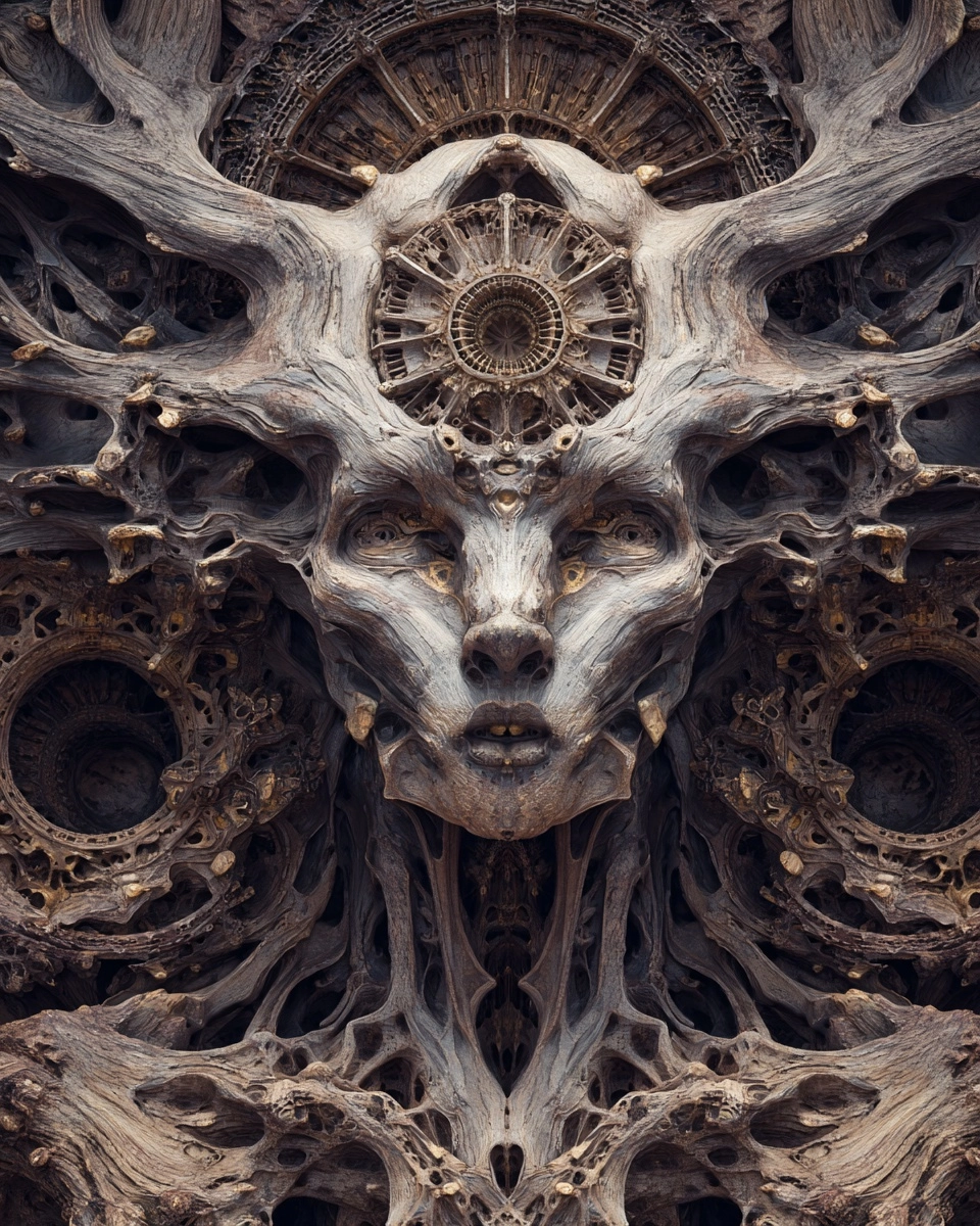 Biomorphic wood, intricately gnarled driftwood, fossilized bone texture
