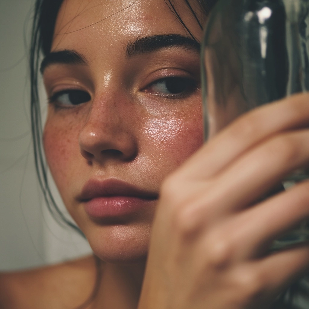 Candid smartphone selfie of a normal young woman (early 20s, light-medium skin tone
