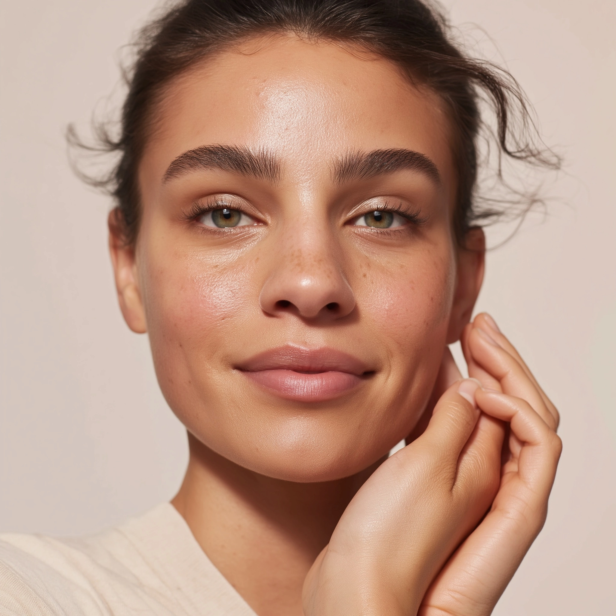 Photorealistic beauty portrait of a soft, real photography gentle character for a skincare brand