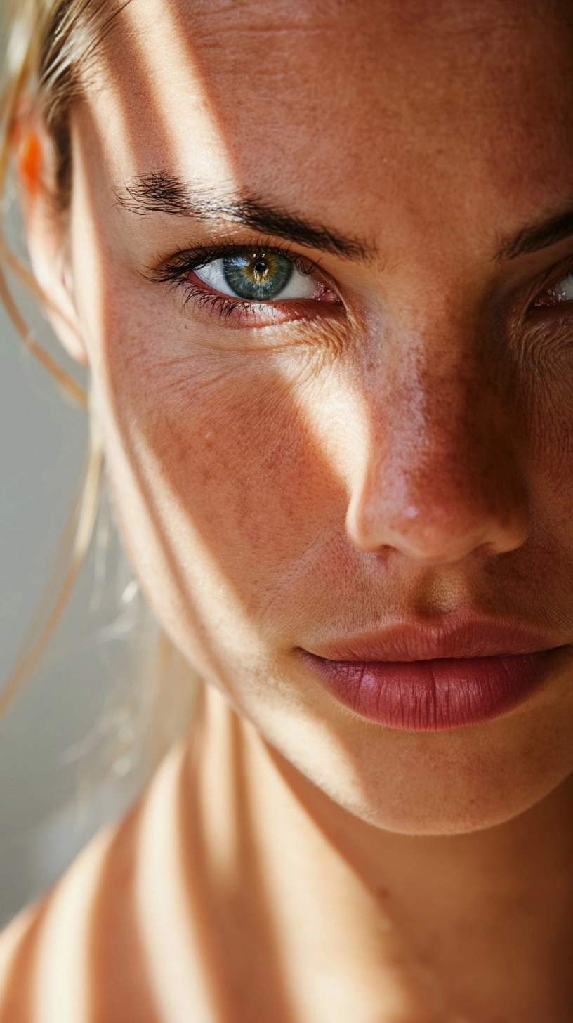 Photorealistic close-up portrait of a 25-year-old Scandinavian girl, thin dry aging skin