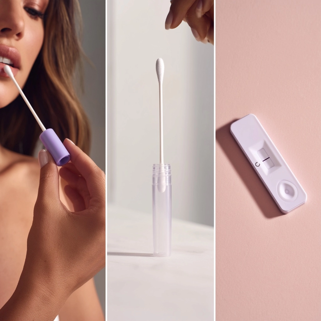 Photorealistic product photography triptych showing three stages of using a premium lavender purple