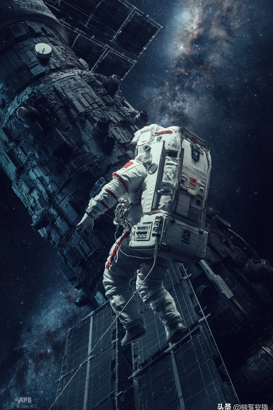 Chinese Girl Spacewalking Outside a Space Station