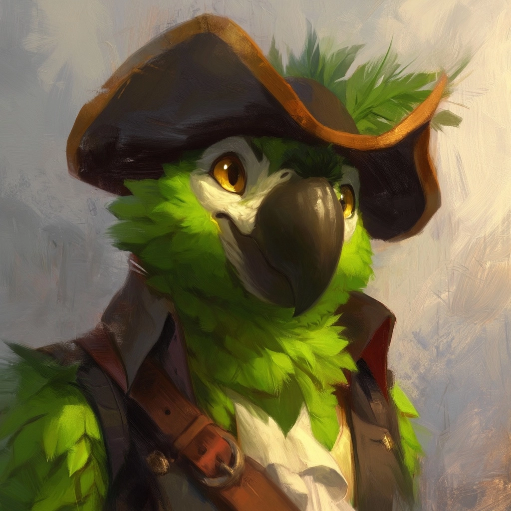 Piper Thibodeau's portrait of a handsome cute anthropomorphic parrot swashbuckler fursona wearing a