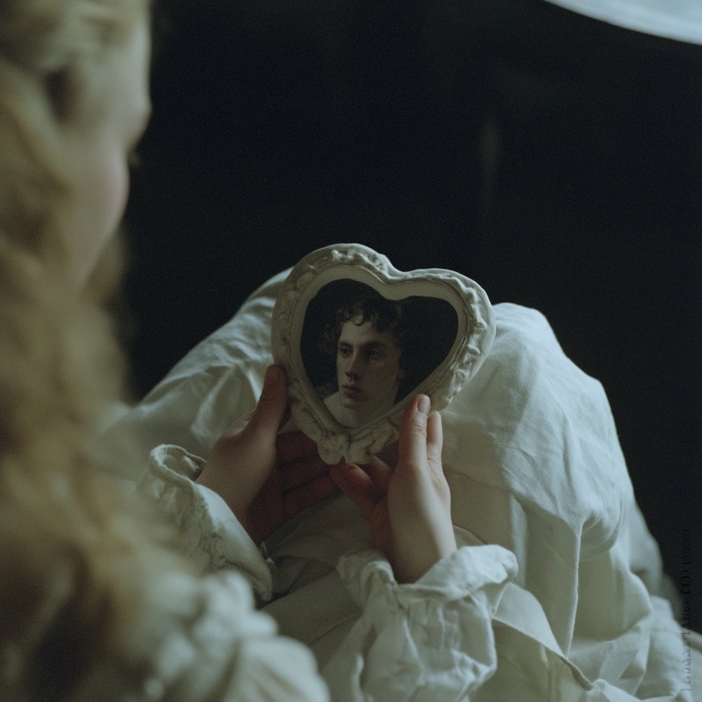 POV angle from a young blonde woman sitting on a bed in a dimly lit medieval room. In the foreground