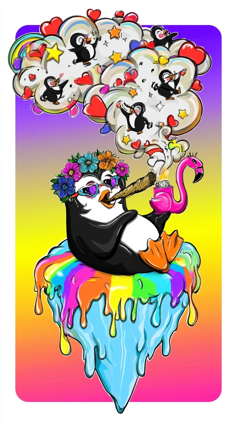 Psychedelic cartoon penguin lounging on an iceberg made of melting rainbow ice cream
