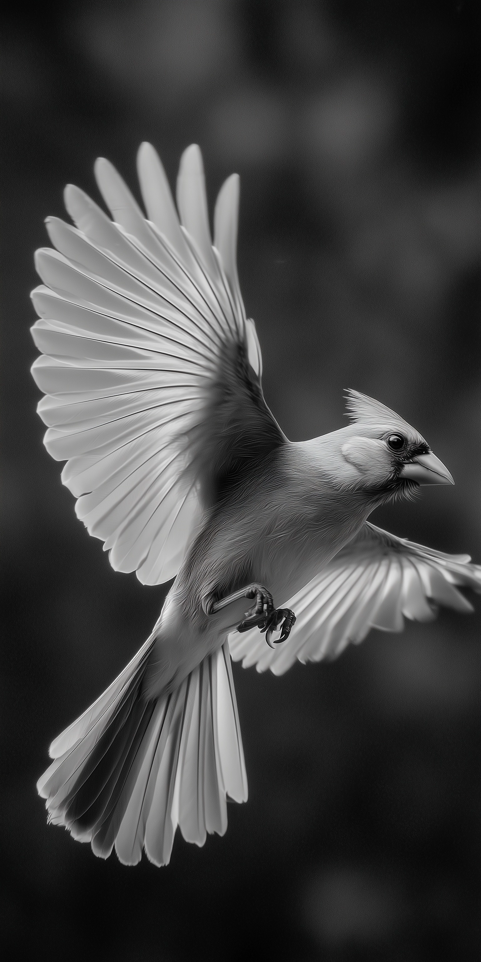 Flying cardinal, black and white photography
