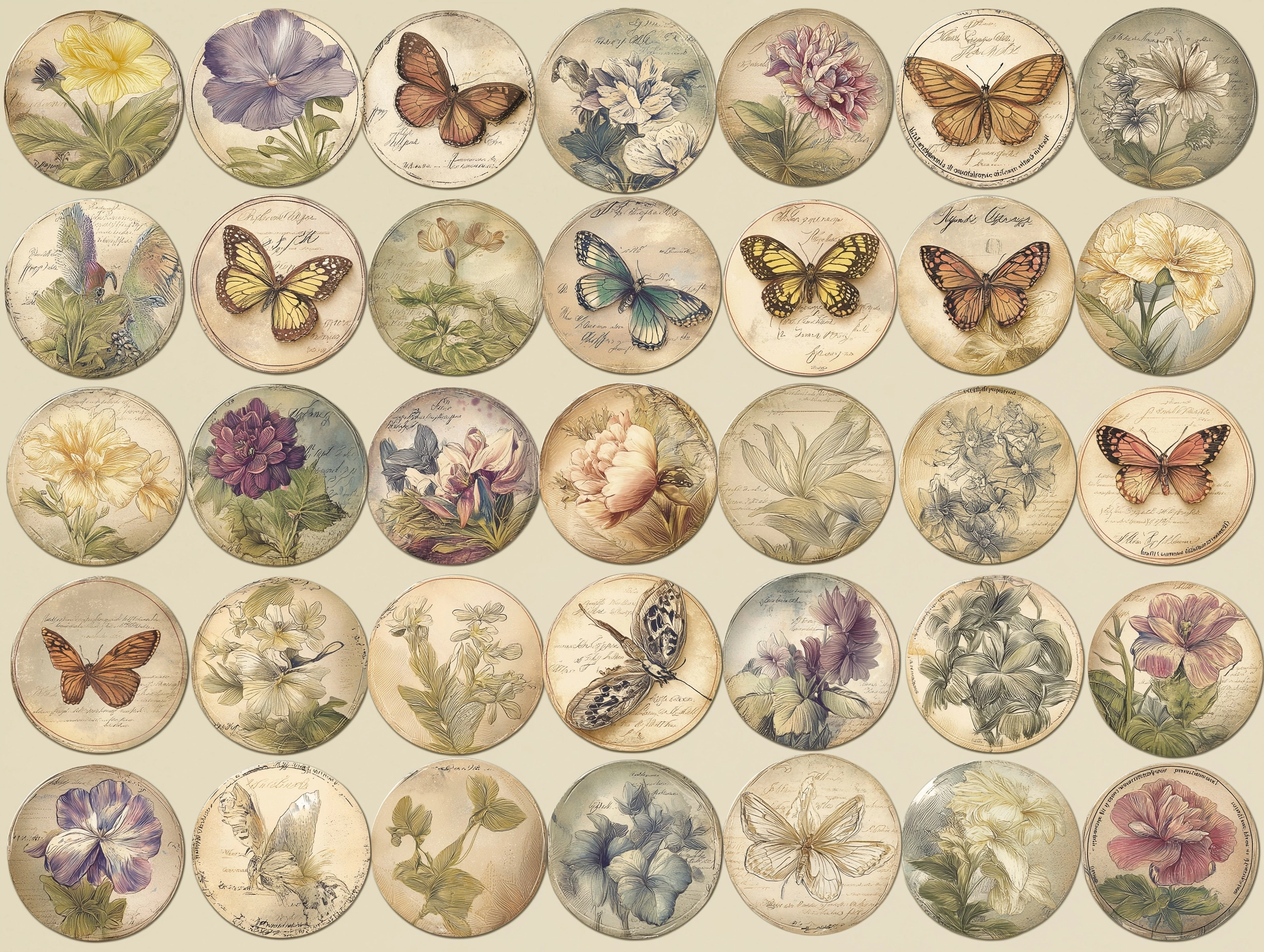 SEVENTY vintage style hand-drawn watercolor discs, each measuring 1 inch in diameter. Each disc is d