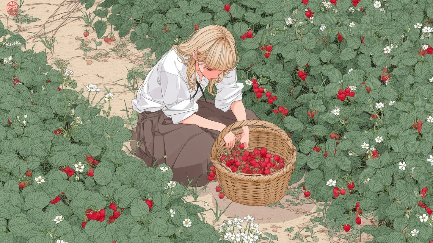 She is harvesting strawberries.