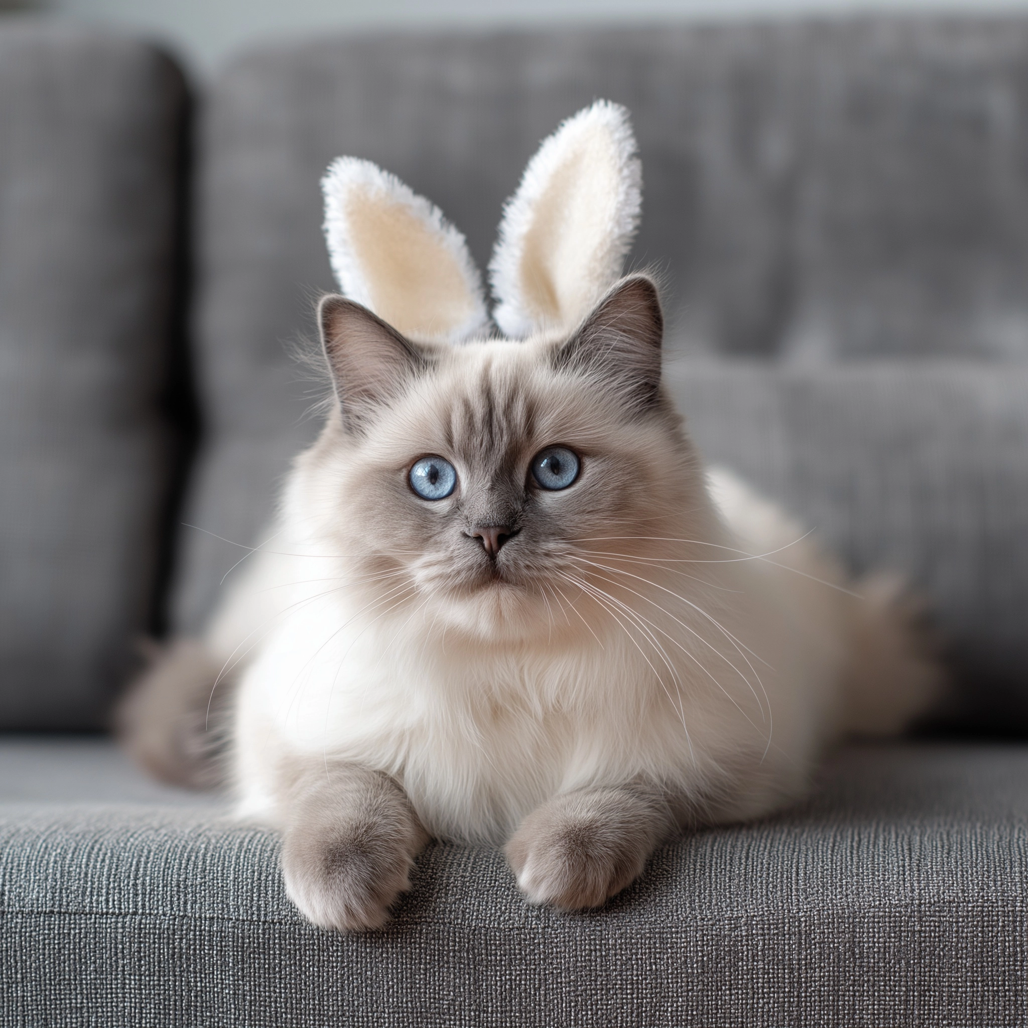 Ragdoll cat wth easter bunny ears on sitting on a gray couch