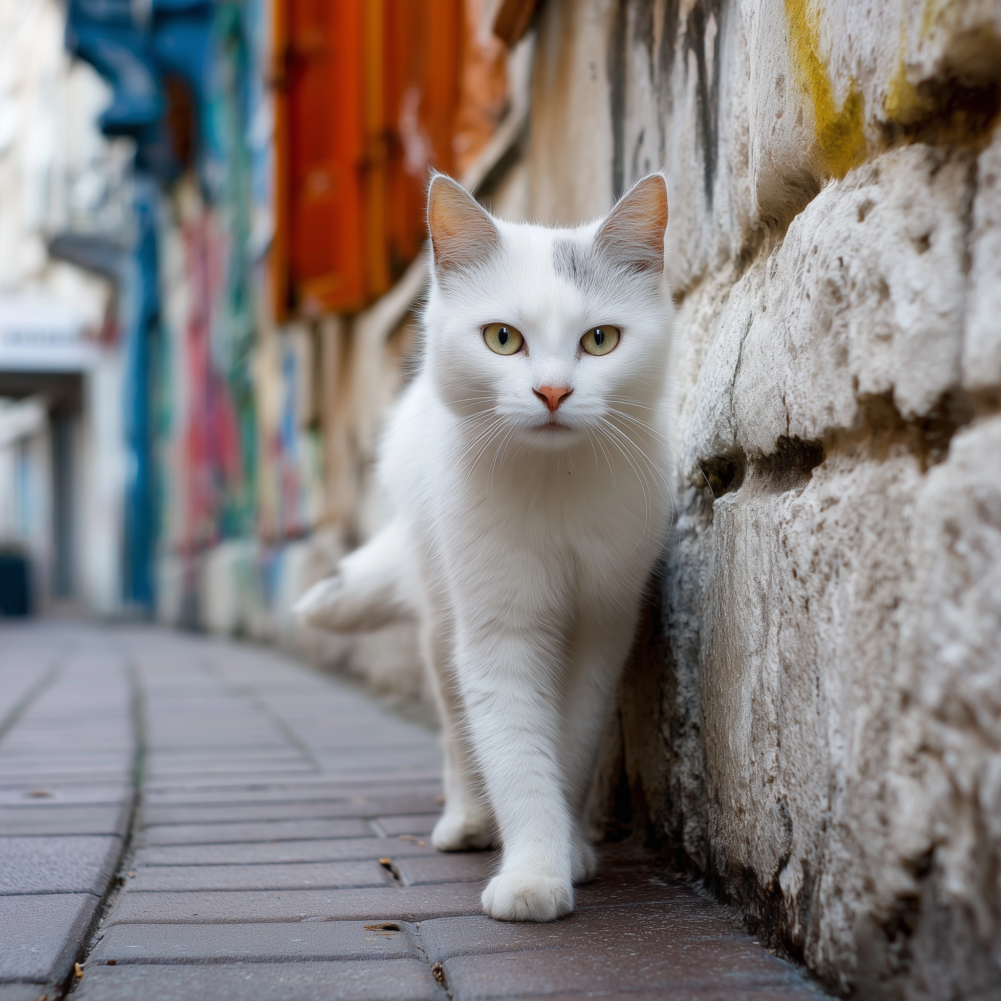 Real cute and beautiful white cat promenade europe's old city. please portrait the views of streets