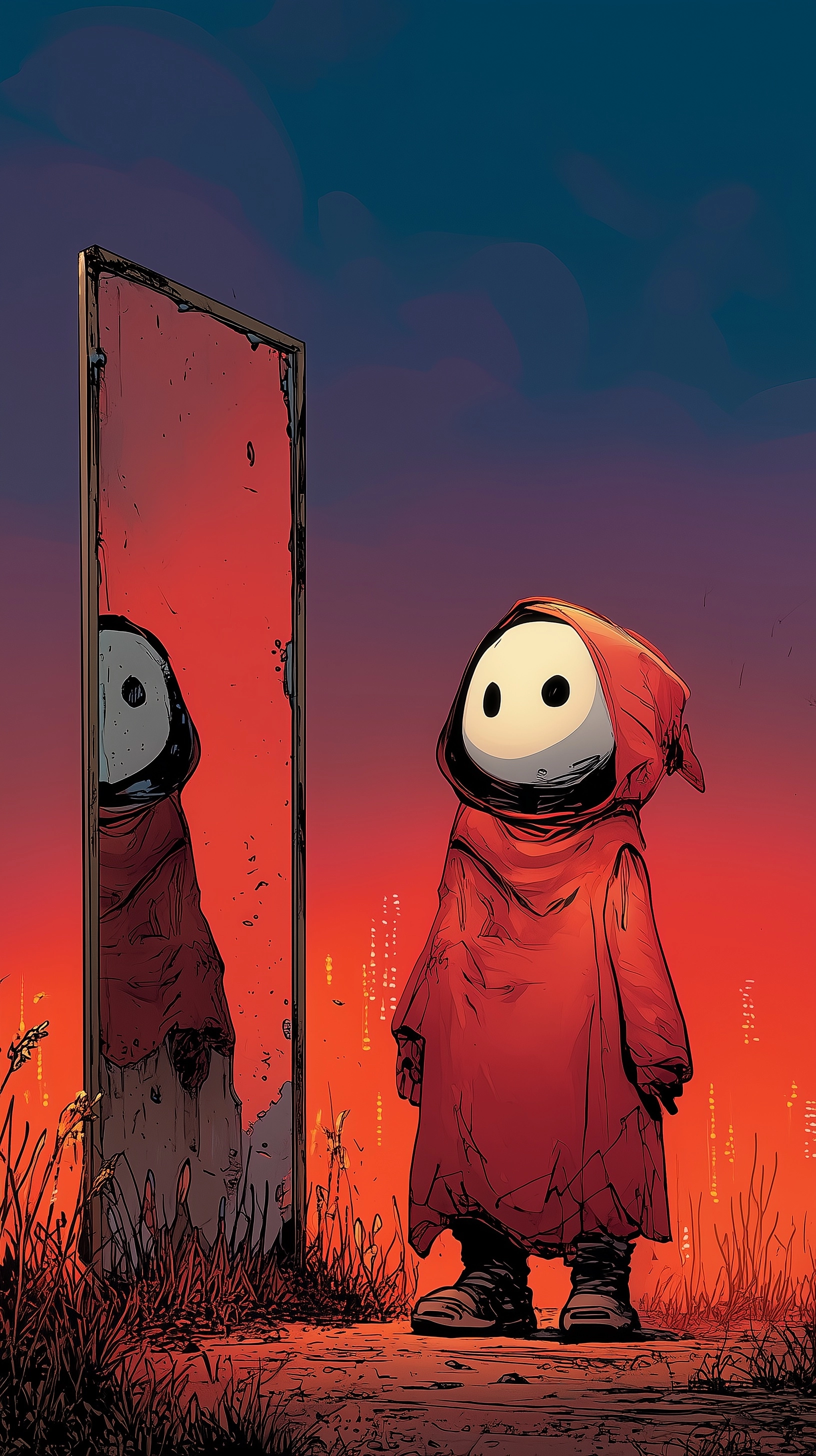 Red guy looking at mirror on side reflection clear in mirror sad vibes and moody lighting