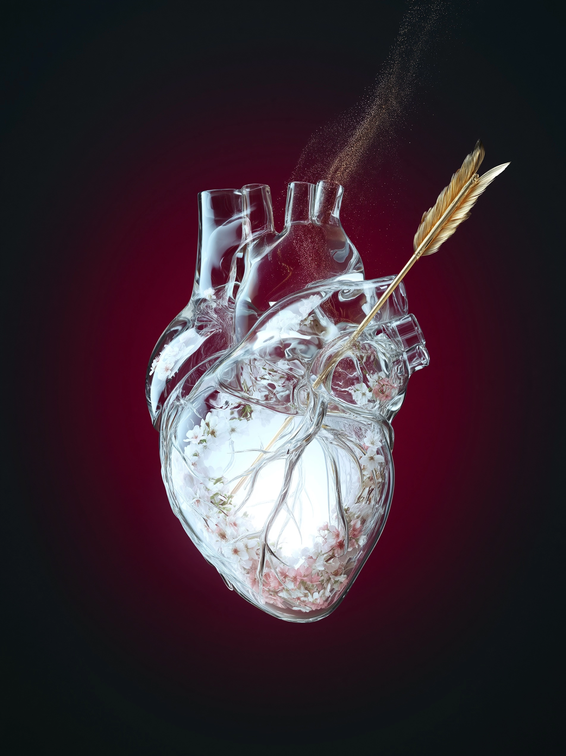 SA photorealistic 3D render of a transparent human heart with an arrow piercing through it against a