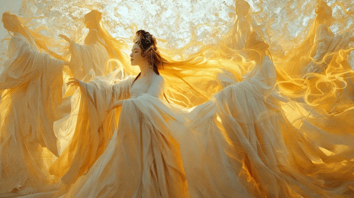 Several ancient Chinese women dressed in magnificent robes are dancing gracefully. Their figures are