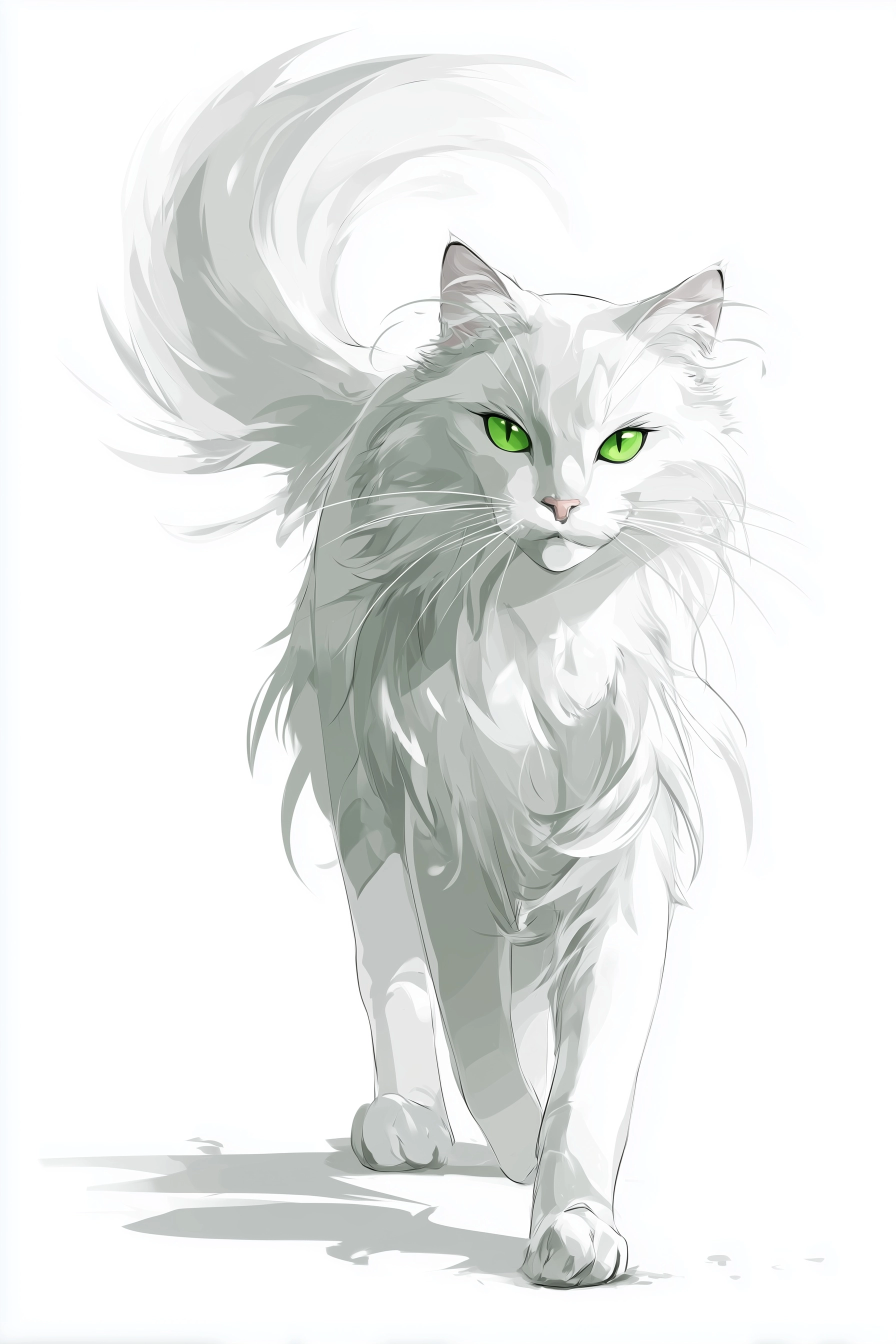 Simple illustrated 2d in the style of charlie bowater cute long haired white cat with green eyes on