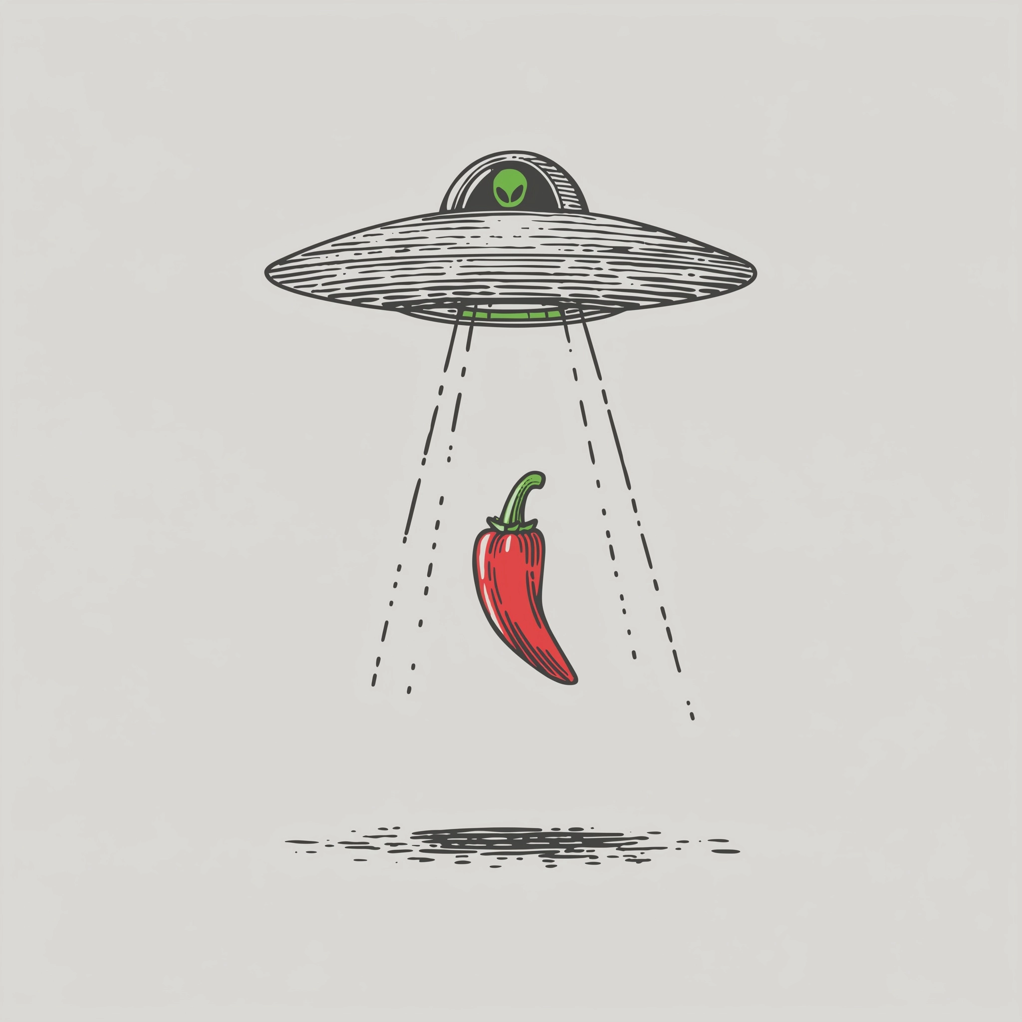 Simple illustration of a chili pepper being lifted into a flying saucer beam
