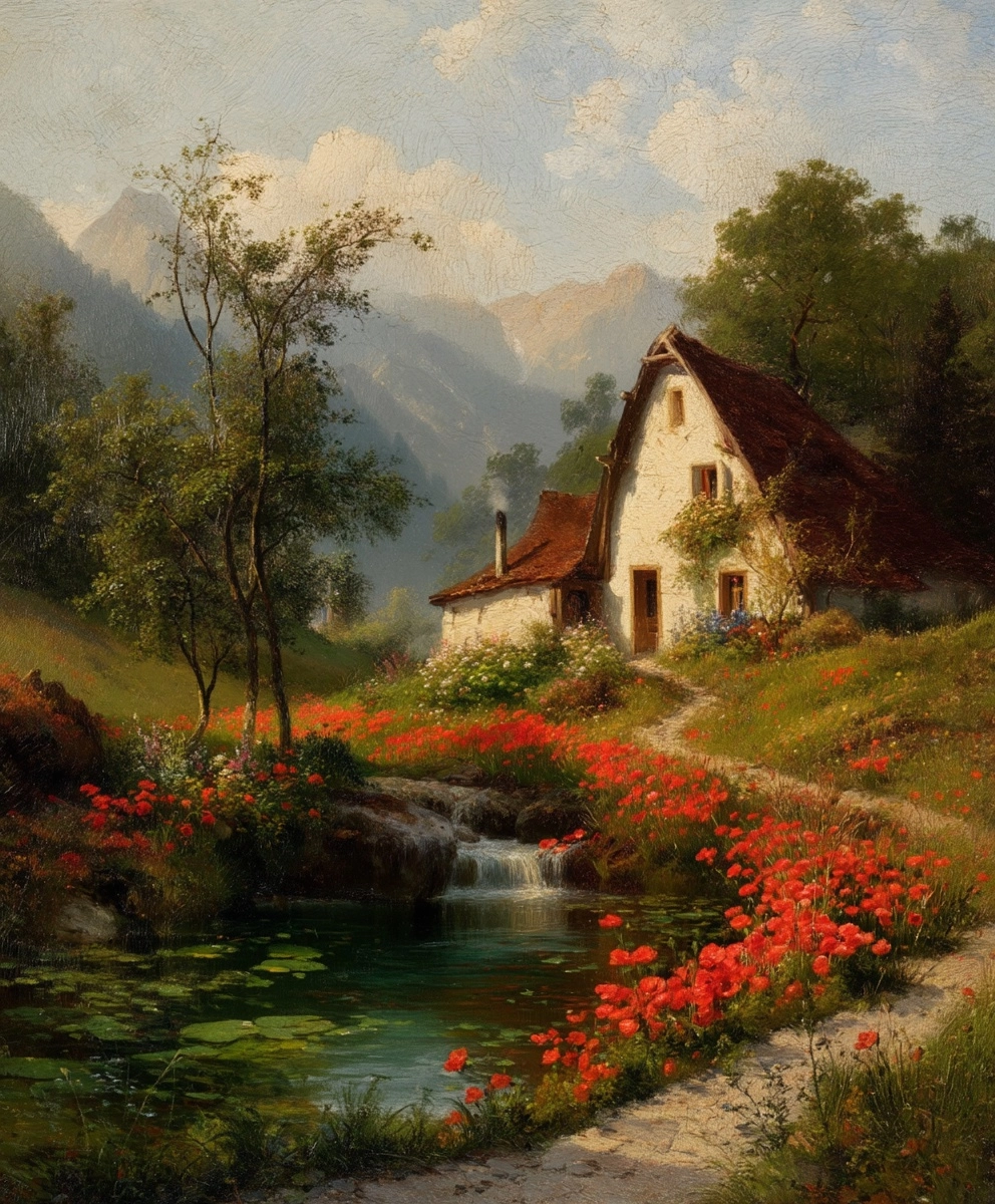 The spring, flowers, poppies, beautiful cottage, a pond with waterfall, Alexandre Calame