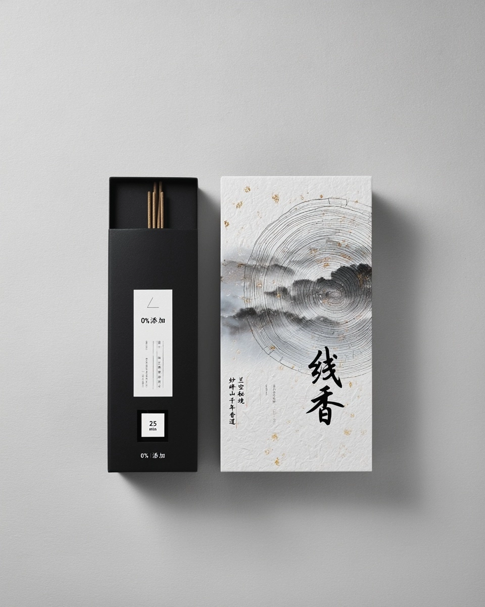 The packaging design of the organic incense sticks is created in the style of a Japanese designer