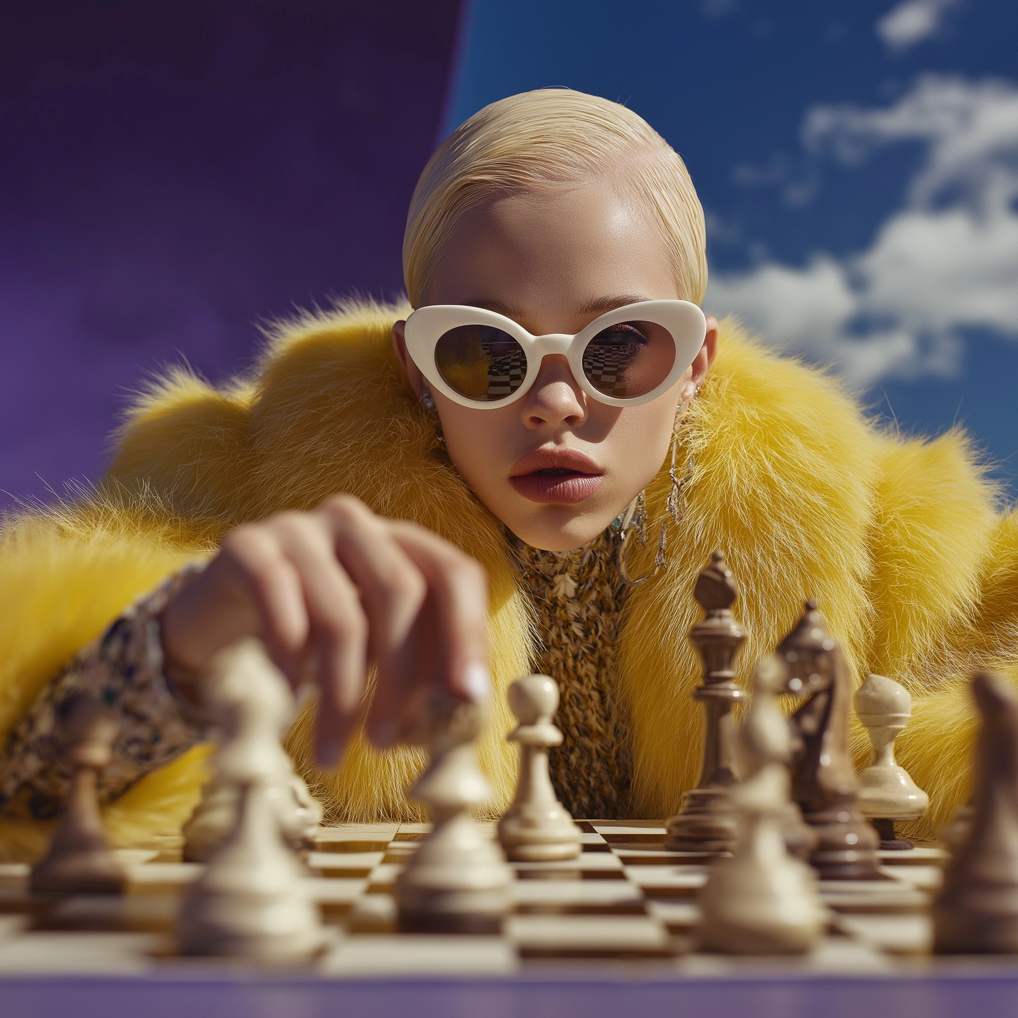 Stylish albino female model wearing white sunglasses and a yellow fur coat leaning over a chessboard