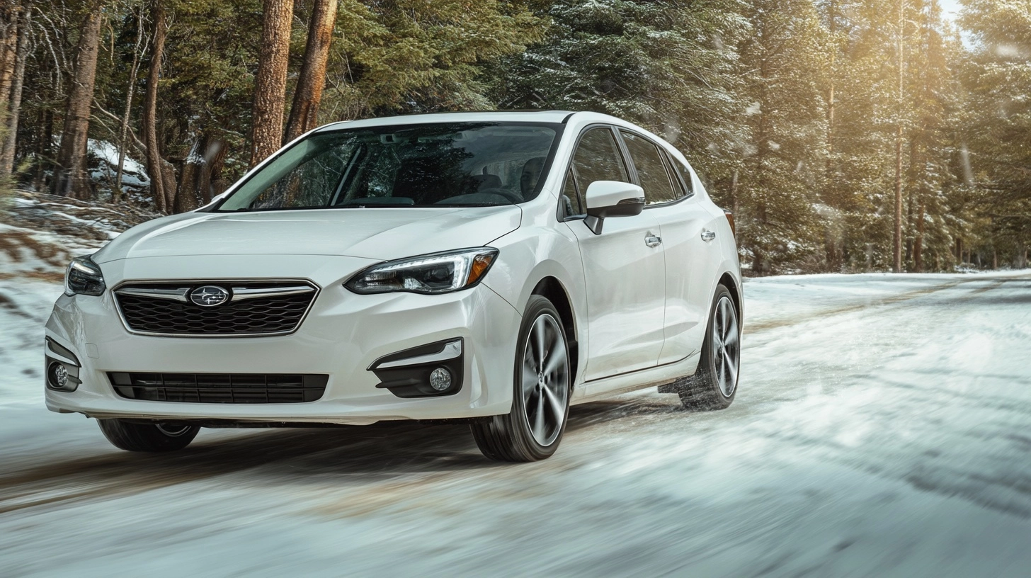 Subaru Impreza AWD driving through snow forest, dramatic lighting, cinematic style