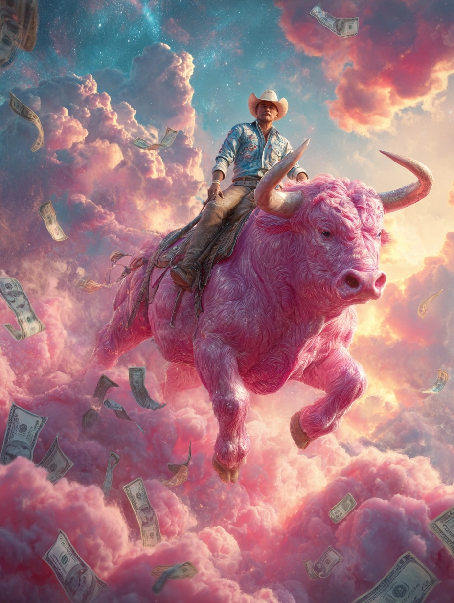 Surreal and vibrant digital artwork of a confident cowboy riding a giant pink bull through the sky