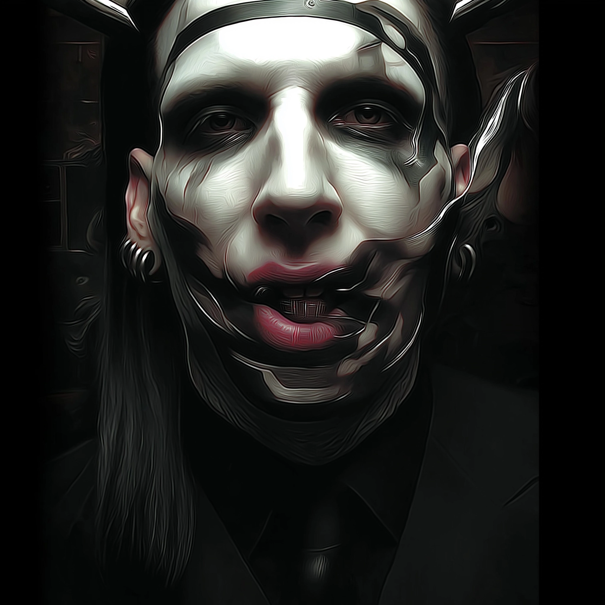 Surreal dark blackwork tattoo portrait of Marilyn Manson where facial identity is partially annihila