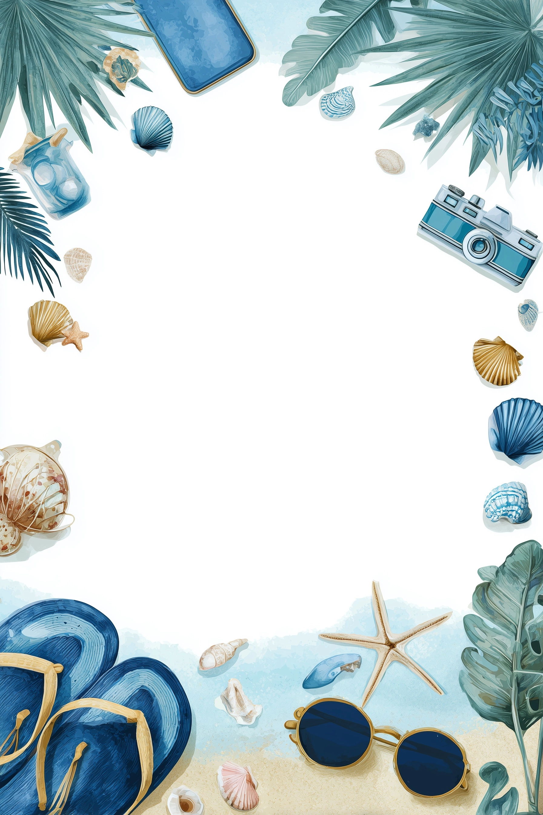 White background, surrounded by vacation elements