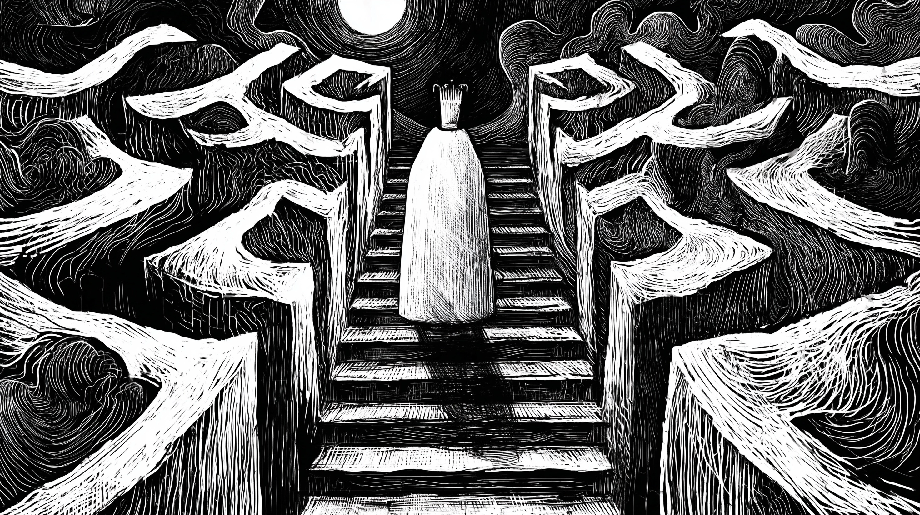 The king walking down infinite surreal symmetrical stairs in the underworld. Surreal underworld myst