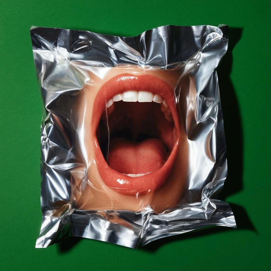 Surrealist editorial art, a human mouth wide open in a scream inside a vacuum-sealed plastic silver