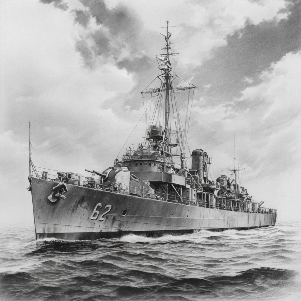 The USS ABBOT 629 on the ocean with a slight amount of waves. The rendition of the ship should be cl