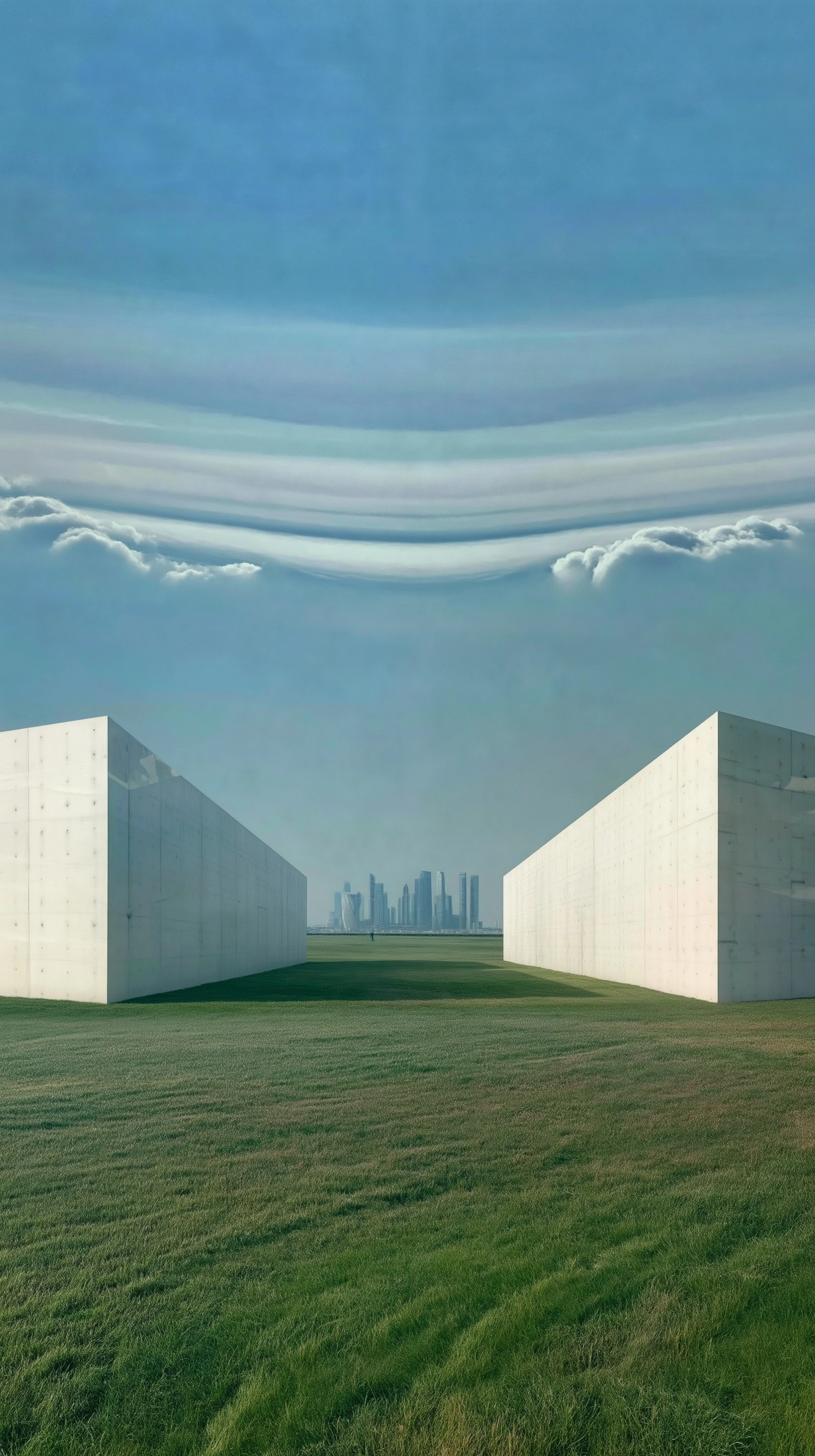 The view from the open space of an art museum is green grass, blue sky