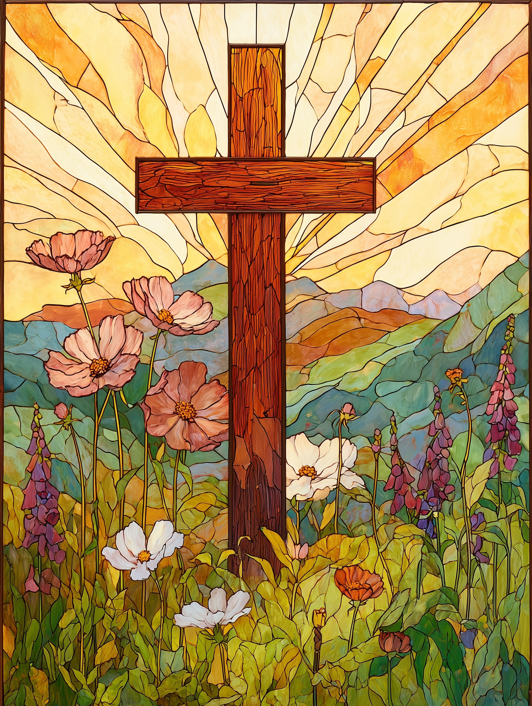 This is a rectangular stained-glass window with a wooden cross at its center