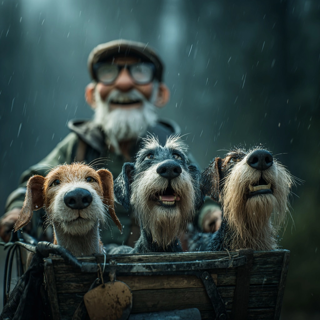 Three dogs of different breeds sit gleefully in the cargo bike