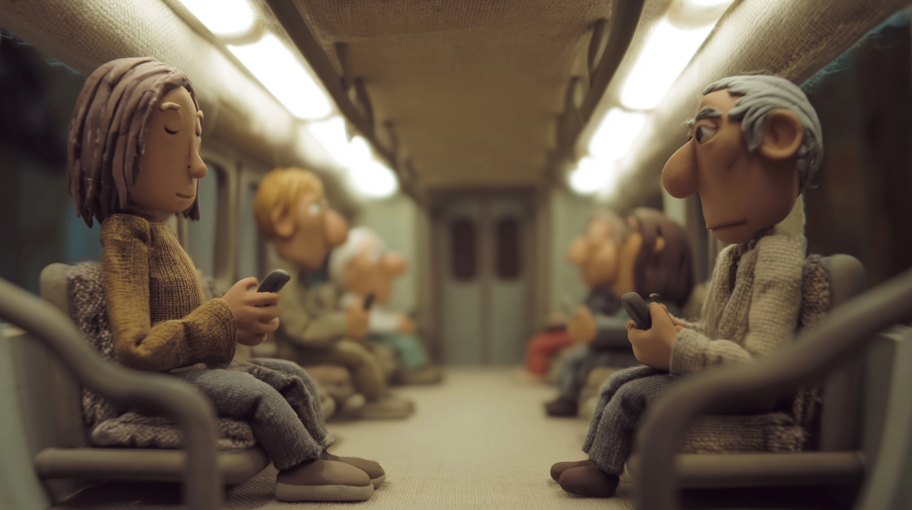 Claymation miniature set, subway train interior, several passengers sitting on seats