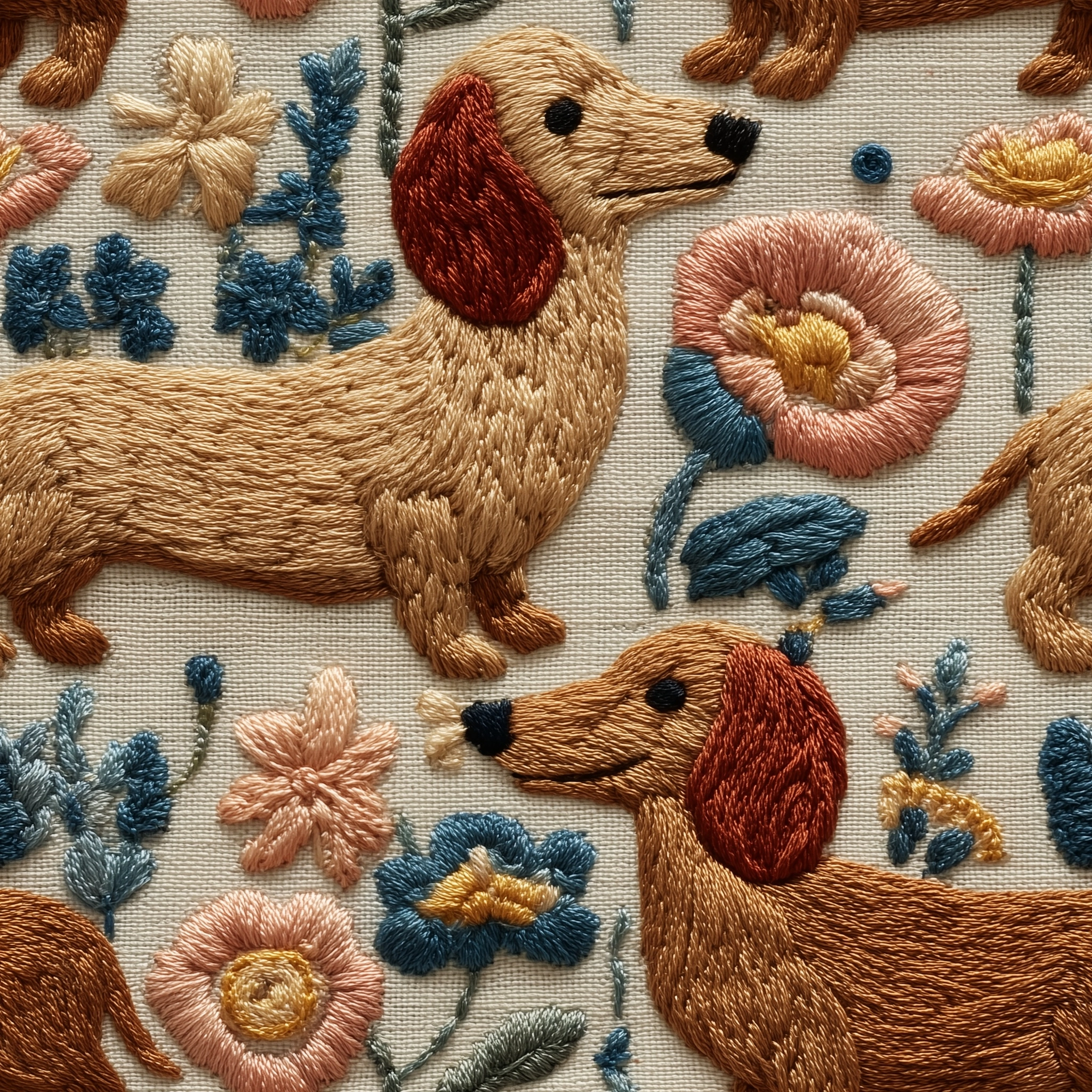 Turn the attached photo into a collage pattern of hand-embroidered red dauchshund dogs with just lik