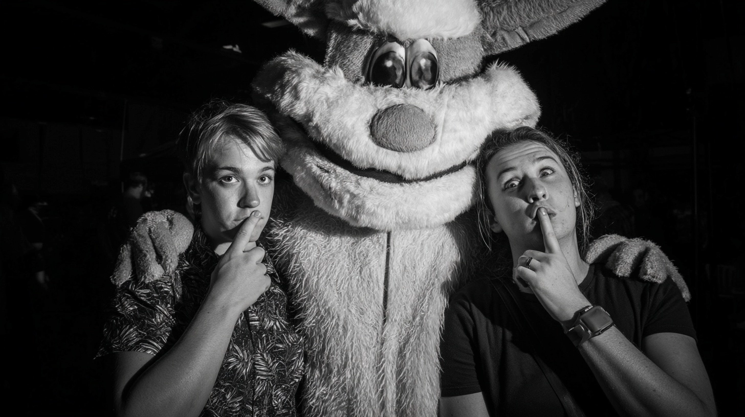 Two normal people posing with a mascot, but the mascot feels unsettling and too real
