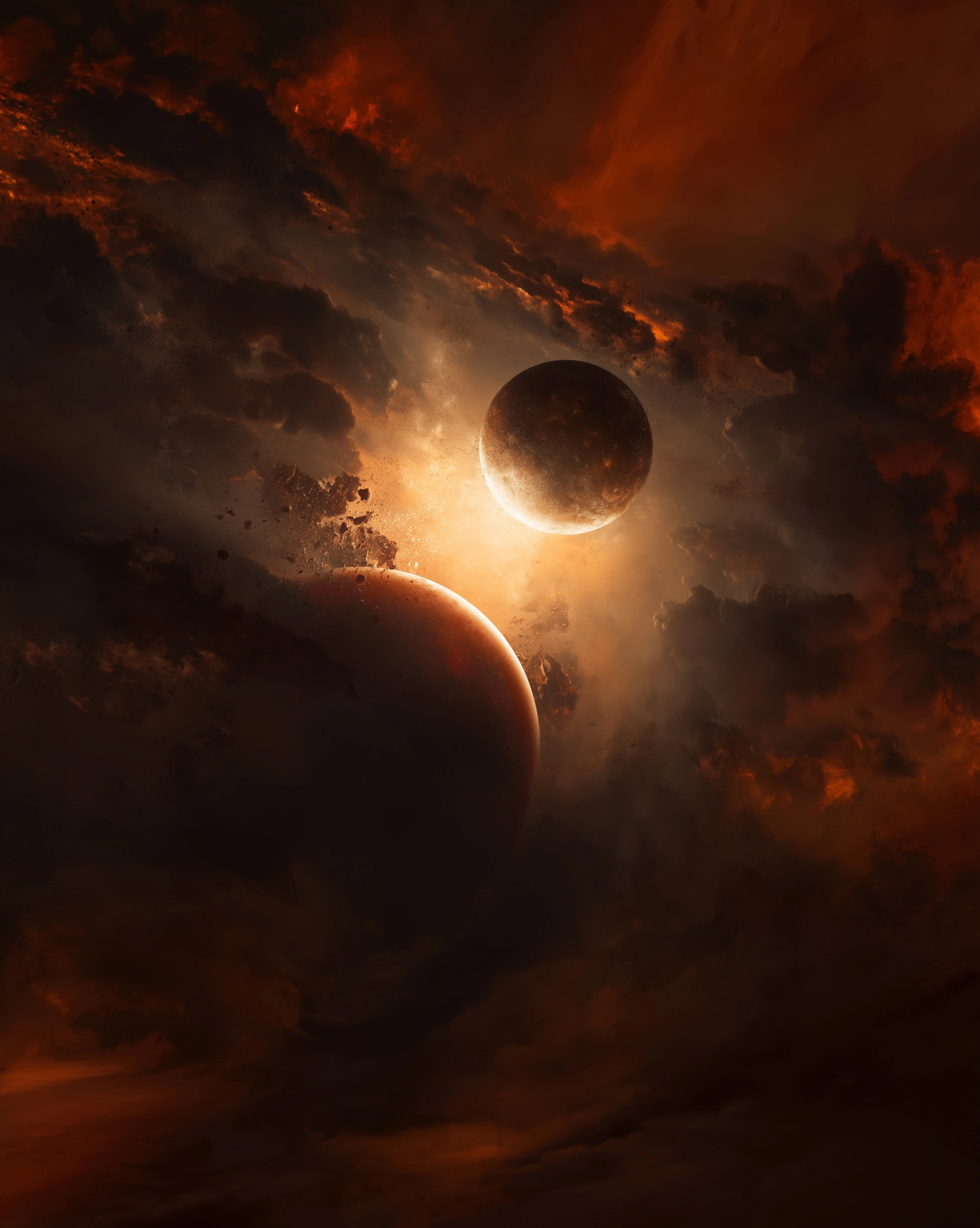 Two planets colliding in formation, exploding and shattering into pieces