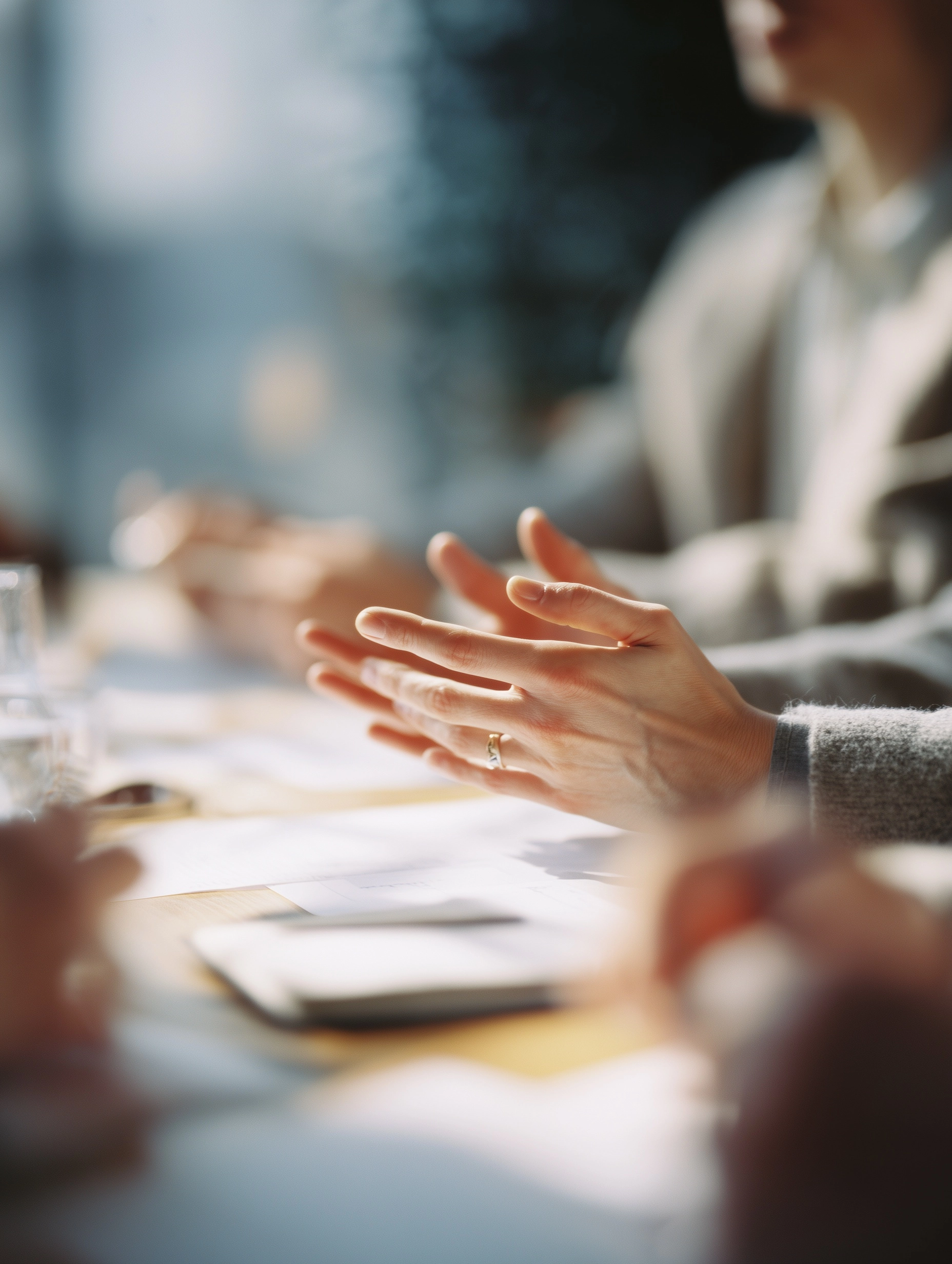 Ultra-close-up editorial photograph of a small group of professionals collaborating at a conference